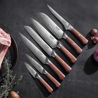 YOTSUBA 7PCS Japanese Kitchen Knife Set with Genuine Natural Rosewood Ergonomic Handle & Gift Box, Professional Ultra Sharp High Carbon Stainless Steel Knives for Cooking