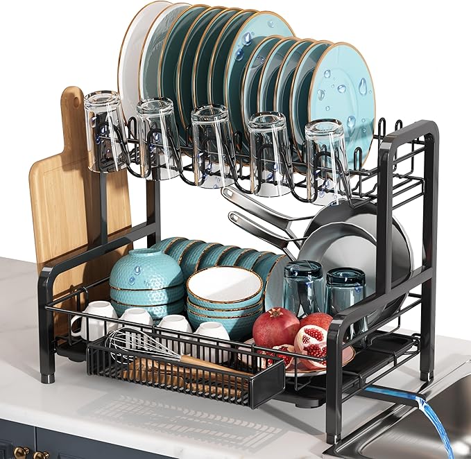 2 Tier Black Dish Drainer Drying Rack for Kitchen Counter, Large Stainless Steel Dishes Dryer with Drainboard, Space Saving, Big Rustproof Metal Modern Countertop Plates Strainer with Utensil Holder by Boosiny