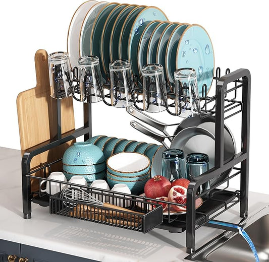 2 Tier Black Dish Drainer Drying Rack for Kitchen Counter, Large Stainless Steel Dishes Dryer with Drainboard, Space Saving, Big Rustproof Metal Modern Countertop Plates Strainer with Utensil Holder by Boosiny