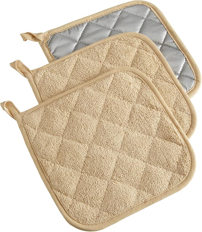DII Basic Terry Collection Quilted 100% Cotton, Potholder, Pebble, 3 Piece by DII