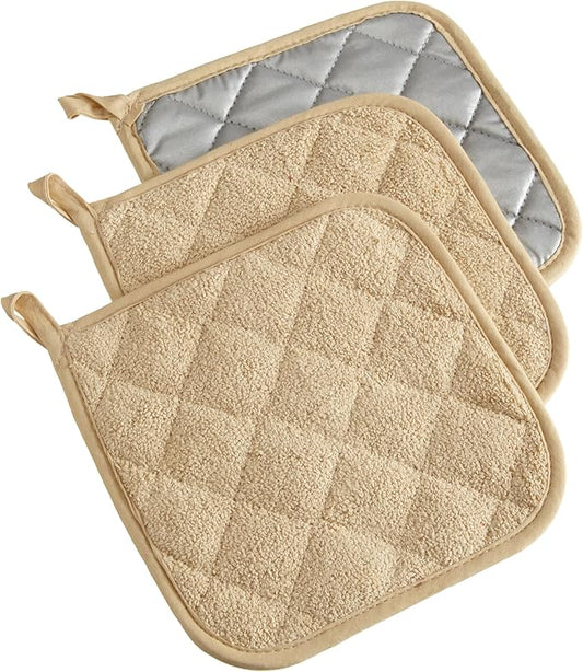 DII Basic Terry Collection Quilted 100% Cotton, Potholder, Pebble, 3 Piece by DII