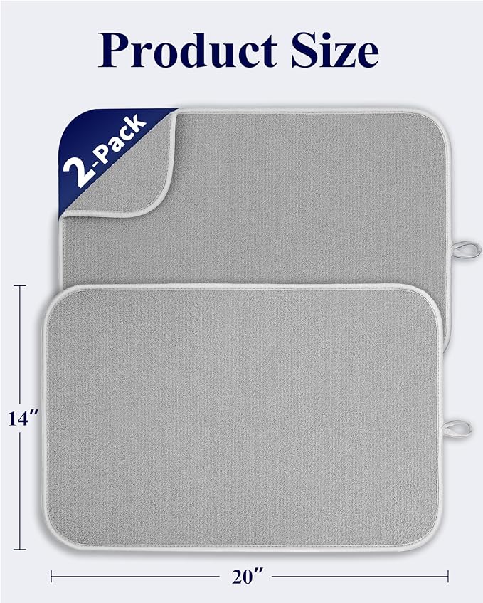 Kitsure Dish Drying Mat - 2-Pack Washable Microfiber Drying Mat for Kitchen Counter, 3-Layer Ultra Absorbent Pad with a Hanging Hook, 20" x 14", Light Gray - Image 2