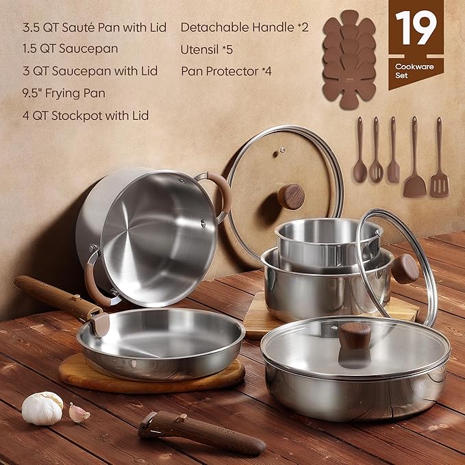 CAROTE 19pcs Stainless Steel Cookware Set with Detachable Handle, Pots and Pans Set, Induction Kitchen Cooking Sets, RV/Camping Cookware, Removable Handle, Oven Safe, Woodgrain - Image 2