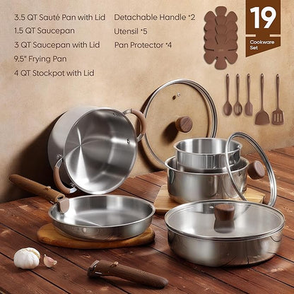 CAROTE 19pcs Stainless Steel Cookware Set with Detachable Handle, Pots and Pans Set, Induction Kitchen Cooking Sets, RV/Camping Cookware, Removable Handle, Oven Safe, Woodgrain - Image 2