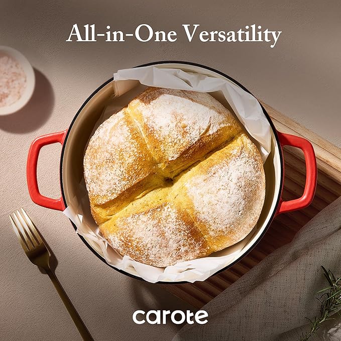 CAROTE Enameled Cast Iron Dutch Oven Pot with Lid, 4 QT Dutch Ovens, Heavy-Duty Cast Iron Pot for Sourdough Bread Baking, Braising, Stews, Roasting, Healthy & Non-Toxic, Dual Handles, All Stovetop Compatible, Oven Safe up to 500° F, Red - Image 5