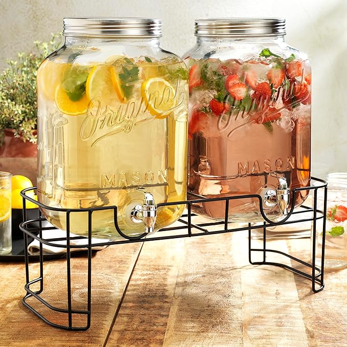 MosJos 2 GALLON Glass Drink Dispensers for Parties, 2 Pack Mason Jar Beverage Dispensers with Metal Stand, Glass Water Dispenser with Spigot, Laundry Detergent Dispenser - Image 3