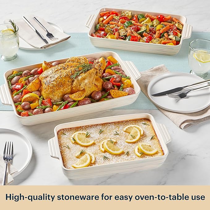 Pyrex 3-Piece Ceramic Bakeware Set, Nonstick Casserole Dish with Handles, Lasagna Oven Pans, Bakers, For Baking, Roasting, Steaming, Rectangular - Image 6