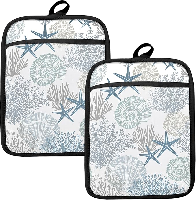 Coastal Beach Seashell Coral Starfish Oven Mitts Set, Ocean Beach Gifts for Women, Blue Heat Resistant Kitchen Oven Gloves for Baking and Cooking,Pot Holders by HUGANE