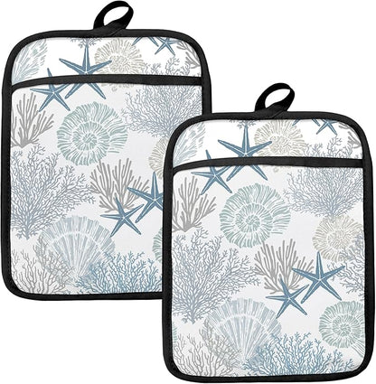 Coastal Beach Seashell Coral Starfish Oven Mitts Set, Ocean Beach Gifts for Women, Blue Heat Resistant Kitchen Oven Gloves for Baking and Cooking,Pot Holders by HUGANE