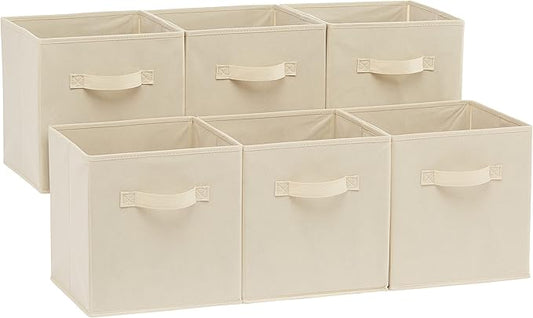 Amazon Basics Collapsible Fabric Storage Cubes Organizer with Handles, Sturdy Storage Bins for Organization, 10.5" x 10.5" x 11", Beige, 6-Pack by AmazonBasics