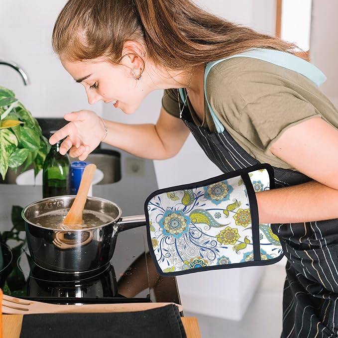Boho Floral Oven Mitts Set, Vintage Luxury Blue and Gold Flower Floral Heat Resistant Kitchen Oven Gloves for Baking and Cooking,Pot Holders - Image 4