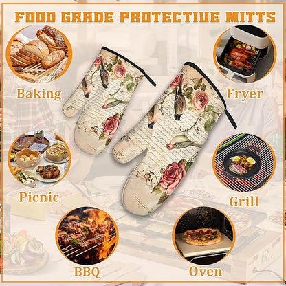 Vintage Bird Oven Mitts and Pot Holders,Pink Rose Flower Heat Resistant Oven Mitts Gloves and Pot Holder for Home Kitchen Decorations Cooking Baking BBQ Gifts,Set of 4