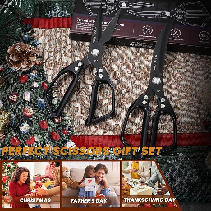HUUSK Kitchen Scissors Set Black - Stainless Steel Kitchen Shears, Sharp Meat Scissors Dishwasher Safe, Heavy Duty Poultry Shears All Purpose, Japanese Cooking Scissor for Food,Christmas Gifts for Men - Image 7
