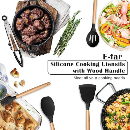 E-far Black Kitchen Utensils Set with Holder, 25-Piece Silicone Cooking Utensil Set with Wooden Handle for Nonstick Cookware, 446°F Heat Resistant Kitchen Tool Spatula Tongs Whisk, Non-toxic & Healthy - Image 7