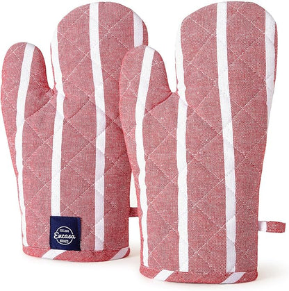 Encasa XO Long 12"x7" Oven Microwave Hand Gloves Mitts (2 pc Set) for Kitchen Cooking & Baking - Heat Resistant, Thick & Safe, Protection of Hands from Hot Utensils - Roma Red Stripes