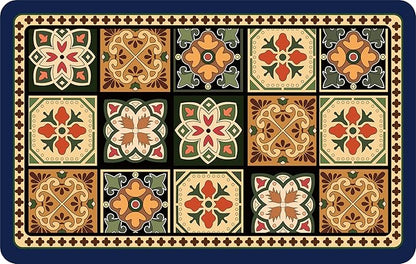 Boho Dish Drying Mat for Kitchen Counter - Super Absorbent Faux Leather Kitchen Mat, Quick Dry & Non-Slip Countertop Protector, Aesthetic Bohemian Decor for Coffee Bar (17"x31.5", Blue)