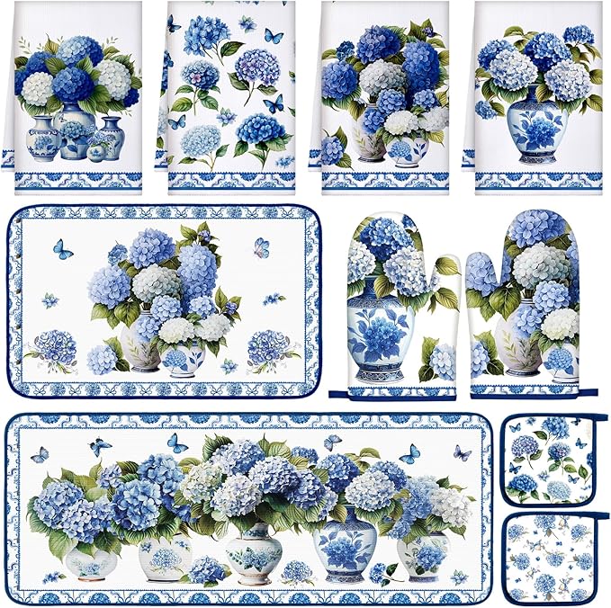 Fanfanwin 10 Pcs Chinoiserie Blue White Hydrangea Kitchen Decor Set Blue and White Chinese Floral Dish Towels Rugs Oven Mitts Pot Holders for Cooking Baking Mom Gift Home Hydrangea Decor