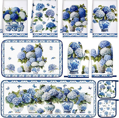 Fanfanwin 10 Pcs Chinoiserie Blue White Hydrangea Kitchen Decor Set Blue and White Chinese Floral Dish Towels Rugs Oven Mitts Pot Holders for Cooking Baking Mom Gift Home Hydrangea Decor