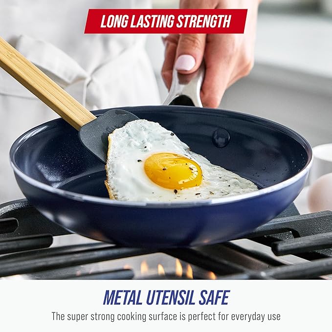 Blue Diamond 8" Nonstick Frying Pan Skillet, Diamond Infused PFAS-Free Ceramic, Dishwasher & Oven Safe, Stainless Steel Handle, Durable Non Toxic Metal Utensil Safe, Egg & Omelet Pan, Blue - Image 5