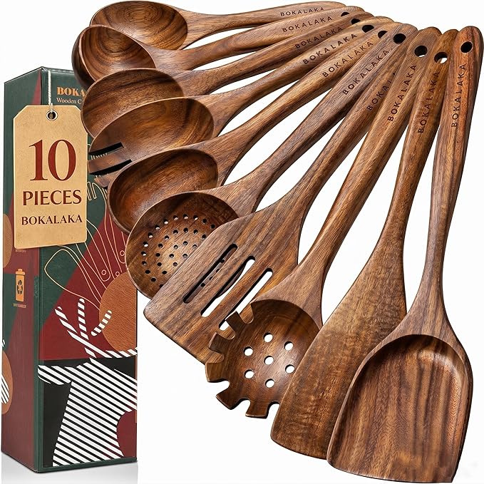 Wooden Spoons for Cooking,10 Pcs Natural Teak Wooden Kitchen Utensils Set Wooden Utensils for Cooking Wooden Cooking Utensils Wooden Spatulas for Cooking (10) by BOKALAKA