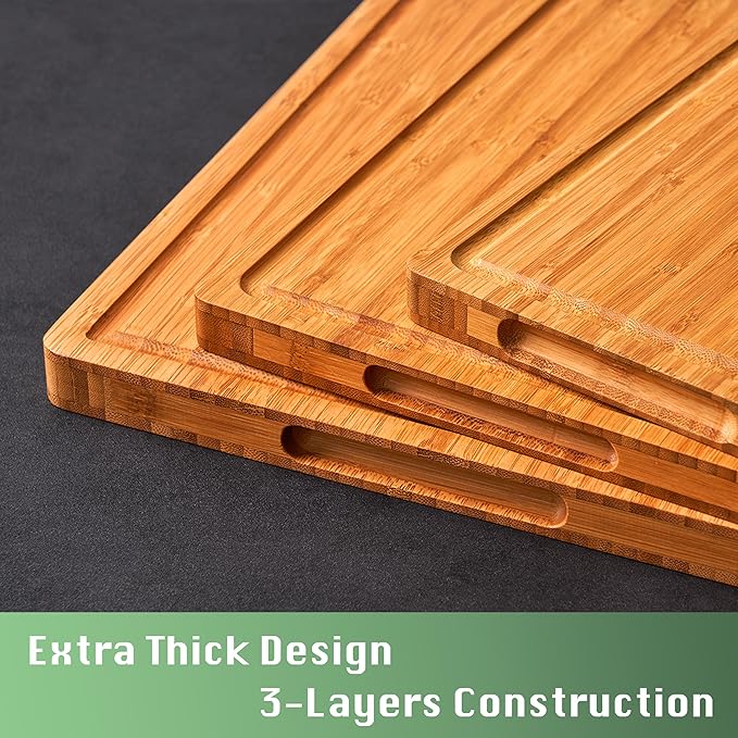 Allsum Large Wood Cutting Board for Kitchen, 1” Thick Bamboo Cheese Charcuterie Board, Butcher Chopping Block, with Juice Grooves and Handles - Image 2