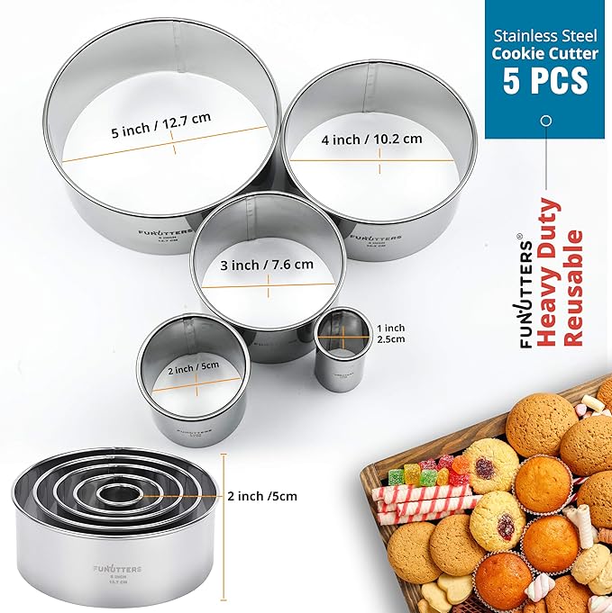 Cookie Cutter Set, 5 Pc. Kit, Measuring 1'', 2'', 3'', 4'' and 5'', Round Metal Baking Rings for Pastry, Biscuits, and Dough Cutting, Heavy Duty and Reusable, Multiple Sizes - Image 2