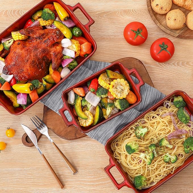 VICRAYS Ceramic Bakeware Set, Porcelain Rectangular Baking Dish, Baking Pan Lasagna Pans Casserole Dish Set for Cooking, Kitchen, Cake Dinner, Banquet, 3 PCS, 15 x 8.5 Inches (Cherry Red) - Image 4