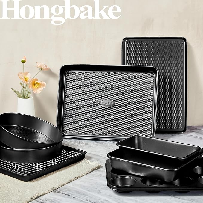 HONGBAKE 9-Piece Baking Pans Set Nonstick, Stackable Non Toxic Bakeware Sets with Diamond Texture, Oven Pan Set for Cooking, Includes Cookie Sheet with Rack, Cake Pan, Roasting Pan, Muffin Tin, Gray - Image 2