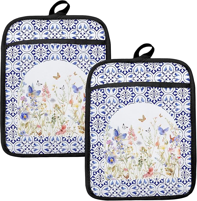 Colorful Wildflowers Floral Oven Mitts Set, Blue and White Heat Resistant Kitchen Oven Gloves for Baking and Cooking,Pot Holders by HUGANE