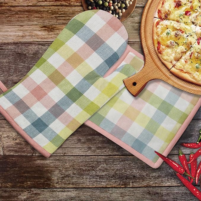 COTTON CRAFT Oven Mitt and Pot Holder Set - Gingham Buffalo Check 2 Oven Mitts 2 Pot Holders Set - Easter Spring Cotton Extra Long Mitt - Insulated Heat Resistant Quilted Kitchen Glove - Yellow Multi - Image 2