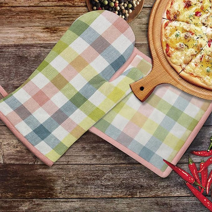 COTTON CRAFT Oven Mitt and Pot Holder Set - Gingham Buffalo Check 2 Oven Mitts 2 Pot Holders Set - Easter Spring Cotton Extra Long Mitt - Insulated Heat Resistant Quilted Kitchen Glove - Yellow Multi - Image 2