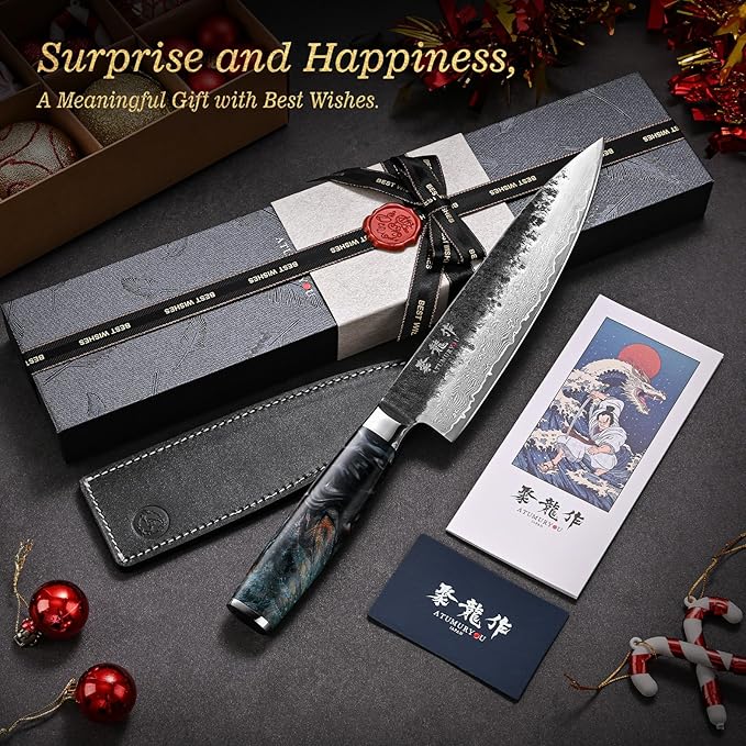 Japanese Chef Knife 8'', Hand Forged 67-Layer Damascus VG10 Core Kitchen Knife for Home & Professional Chefs, Razor Sharp Chef's Knives with Leather Sheath and Premium Gift Box, Ideal Cooking Gift