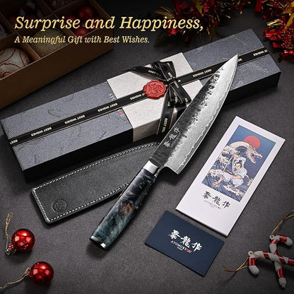 Japanese Chef Knife 8'', Hand Forged 67-Layer Damascus VG10 Core Kitchen Knife for Home & Professional Chefs, Razor Sharp Chef's Knives with Leather Sheath and Premium Gift Box, Ideal Cooking Gift