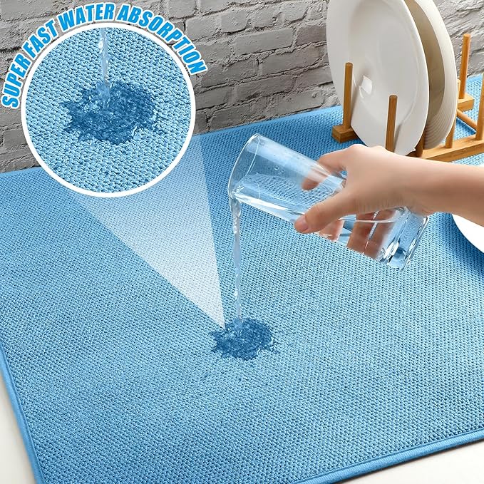 Hushee 2 Pack Extra Large Dish Drying Mat Microfiber Absorbent Dish Drying Pad Large Size Dishes Drainer Mats for Countertop, Sink, Refrigerator or Dryer (30 x 24 Inch,Blue) - Image 3