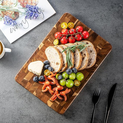 James.F End Grain Cutting Boards, Wooden Cutting Board for Kitchen with Side Handles, Acacia Wood Butcher Block Chopping Board for Meat Bread (13"x9"x1")