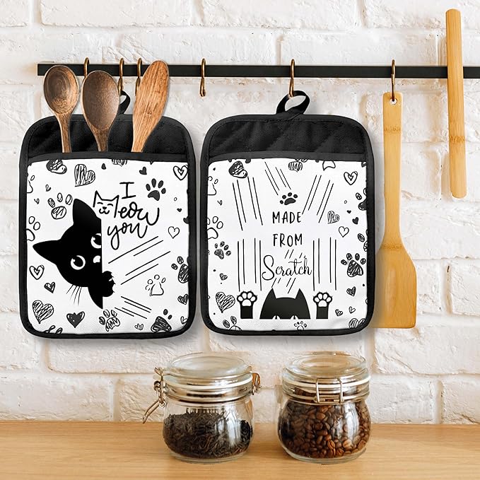 Funny Black Cat Pot Holders with Pockets, Cat Kitchen Decor, Cute Black Kitty Kitten Paw Oven Pot Holders Heat Resistant Oven Mitts Hot Pads for Kitchen Baking Cooking, Set of 2