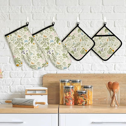 Vintage Wild Floral Oven Mitts and Pot Holders Sets Green Botanical Butterfly Kitchen Oven Gloves Hot Pads Farmhouse Potholders and Kitchen Mitts 4Pcs for Baking Cooking BBQ (Beige)