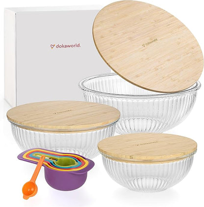 Stackable Space-Saving Nesting Set of 3 Glass Bowls with Bamboo Lids for Foodprep, Storage, Mixing & Cooking - Microwave & Oven Safe BPA Free Durable Heat Resistant Inert Borosilicate Glass - Image 9