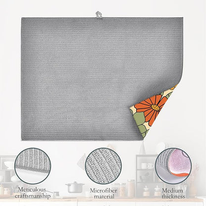Retro 70s Groovy Flowers Dish Drying Mats 18x24 Inch,Daisy Boho Dish Pad Drying Rack Mat for Kitchen Counter Ultra Absorbent Microfiber Dishware Coffee Maker Bar Countertop Decor