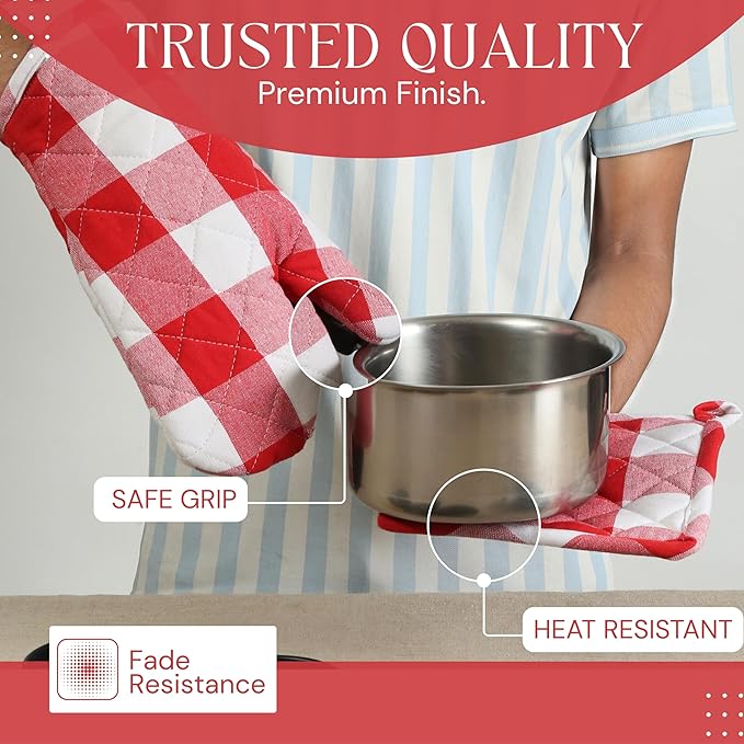 Oven Mitt & Pot Holder Buffalo Plaid Check 100% Cotton Heat Resistant Oven Gloves (7"x13") & Hot Pads (8"x8") Combo for Baking, Cooking - Red