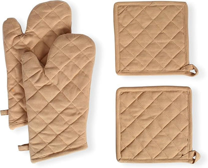 Native Fab Pot Holders and Oven Mitts Sets for Kitchen Heat Resistant- Hanging Non-Slip - 100% Cotton Oven Mitts and Pot Holders 4-Piece Set- Beige by NativeFab