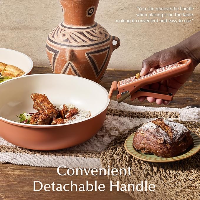 CAROTE 21-Piece Ceramic Cookware Set, Nonstick Pots and Pans Set with Detachable Handle, Non-Toxic Kitchen Cooking Set, Induction Compatible, Dishwasher & Oven Safe, Terracotta - Image 7