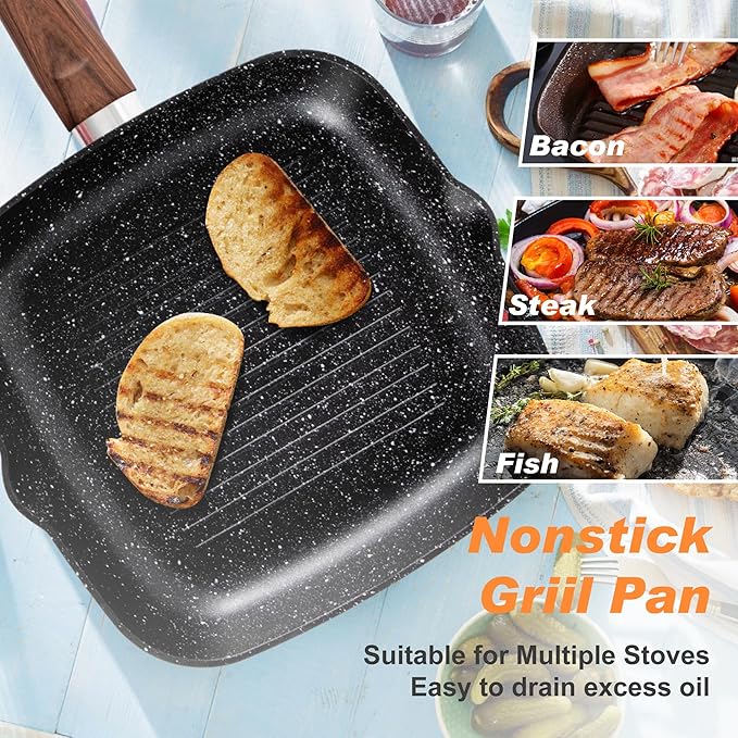 DishDelight 17 Piece Pots and Pans Set Non Stick, Nonstick Induction Granite Kitchen Cookware Set, Non Toxic Cookware Set with Frying Pans and Saucepan, Cooking Sets Pots and Pans, Black - Image 2