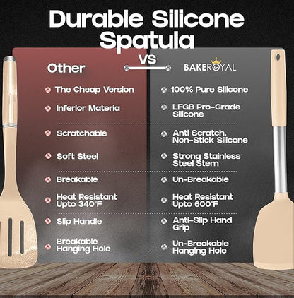 BakeRoyal Silicone Spatula Set - Turner Spatulas Silicone Heat Resistant 600°F - Slotted & Solid Silicone Spatulas for Cooking Fish, Eggs, Pancakes Flipper – Silicone Cooking Utensils Set – Beige - Image 5
