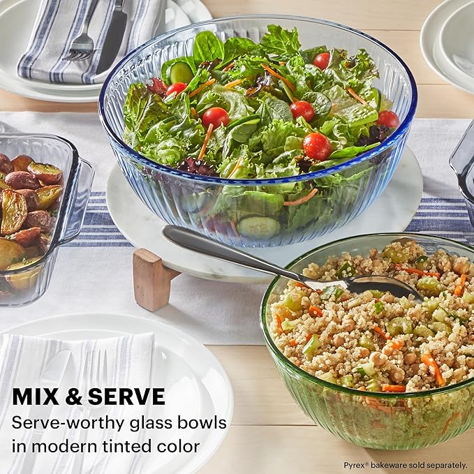 Pyrex Colors Tinted 3-PC, Unlidded Small/Medium/Large Glass Mixing Bowls, Nesting Space Saving Set of Bowls For Prepping and Baking, 1.3QT, 2.3QT & 4.5QT - Image 4