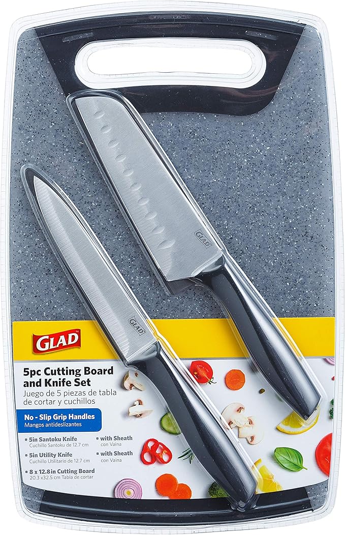 Glad Knife Set with Cutting Board, 5 Pieces | Sharp Santoku and Utility Knives with Blade Covers and Plastic Chopping Block | Kitchen Cooking Accessories