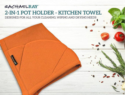 Rachael Ray Kitchen Towel, Oven Glove Moppine - 2-in-1 Ultra Absorbent Kitchen Towels with Heat Resistant Padded Pockets Like Pot Holders and Oven Mitts to Handle Hot Cookware - Burnt Orange, 2 Pack