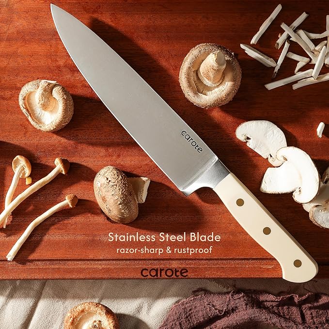 CAROTE 11 Pieces Knife Set with Block for kitchen, Stainless Steel Razor-Sharp Blade, Triple Riveted Ergonomic Handle, Wooden Magnetic Block, Essential Knife Block Set, Beige - Image 4