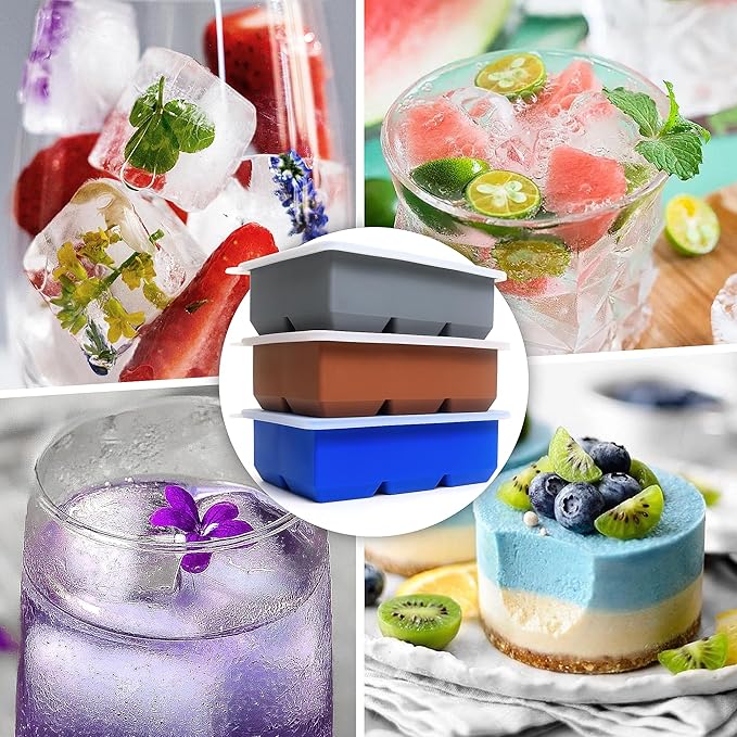 Excnorm Silicone Ice Cube Trays 3 Pack - Large Size Silicone Ice Cube Molds with Leak Proof Removable Lid Square Ice Cube Tray And BPA Free for Cocktail,Whiskey, Stackable Flexible Ice - Image 2