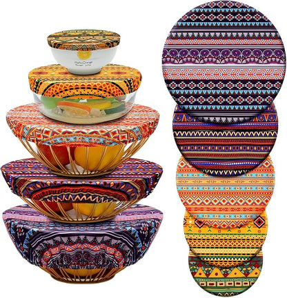 10 Pack Cloth Bowl Covers for Bread Rising - 5 Size Stretch Elastic Food Storage Container Lids - Reusable Cotton Fabric Covers for Food, Fruits, Leftovers (Geometry)
